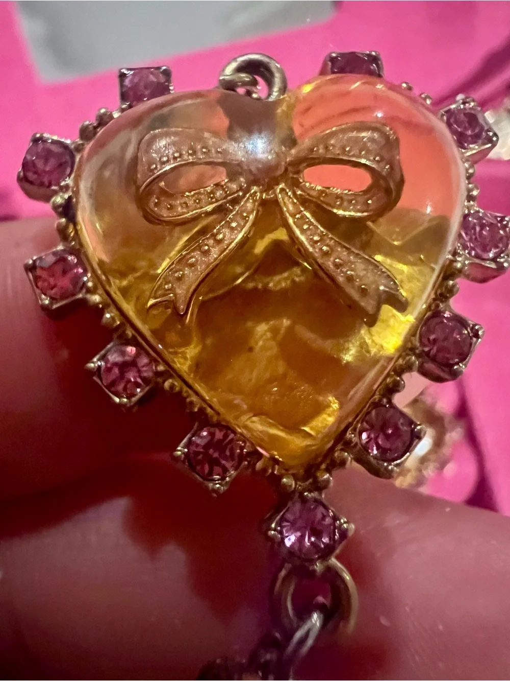 Vintage betsey  Johnson earrings  heart lucite  Drop Earrings with Amber Crystal